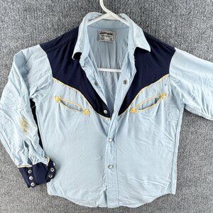 VTG Rancher Town Topic Boys 14 Western Shirt Blue Long Tail Form Fit Pearl Snap